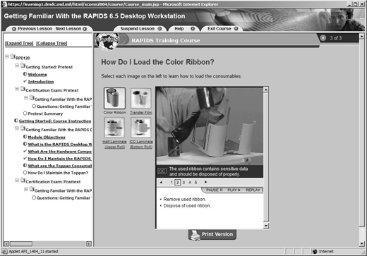 A grayscale screenshot of an online training module showing a navigation menu on the left and step-by-step image instructions on the right for loading a color ribbon, with a print button below.