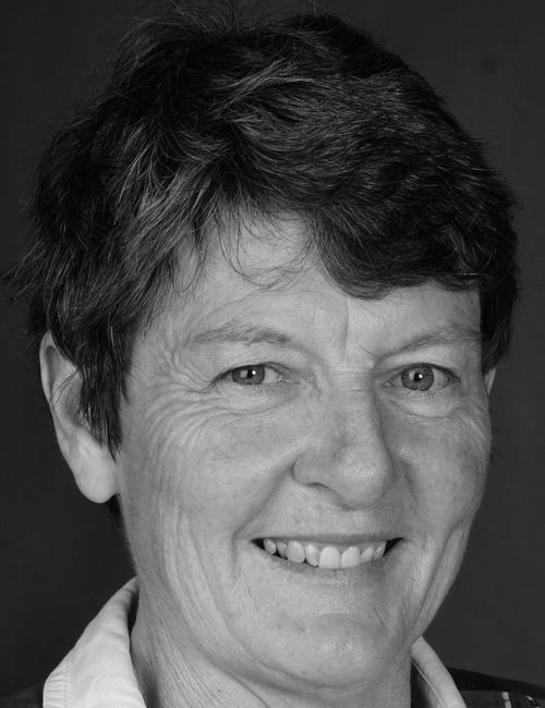 A grayscale portrait of a woman above printed text listing her name, center affiliation, university, mailing address, telephone number, and email.