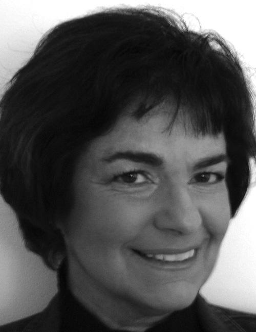A grayscale portrait of a woman above printed text listing her name, mailing address, telephone number, and email.