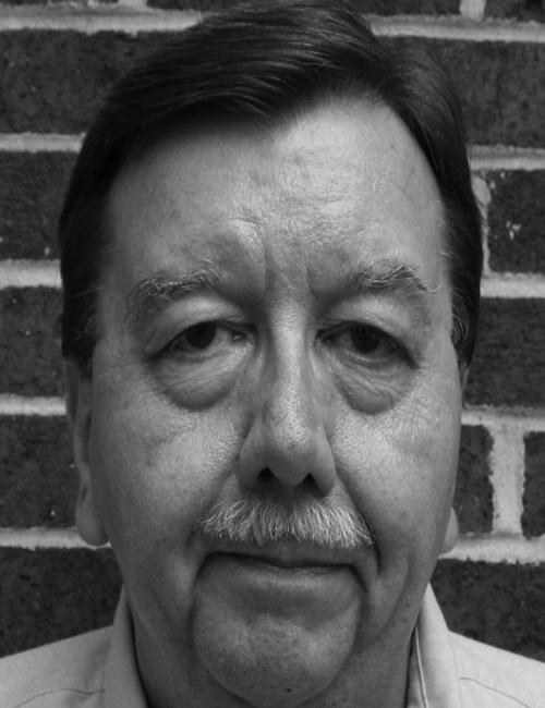 A grayscale portrait of a man above printed text listing his name, mailing address, telephone number, and email.