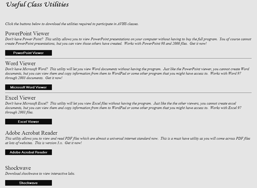 A grayscale webpage section titled Useful Class Utilities listing download buttons and descriptions for PowerPoint Viewer, Word Viewer, Excel Viewer, Adobe Acrobat Reader, and Shockwave.