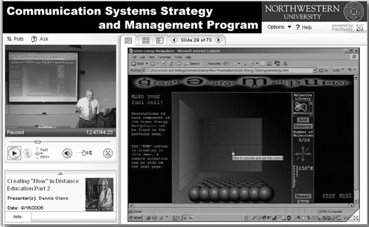 A composite screenshot showing a titled communication systems program interface with a video lecture window on the left and a computer screen display with menus and graphics on the right.