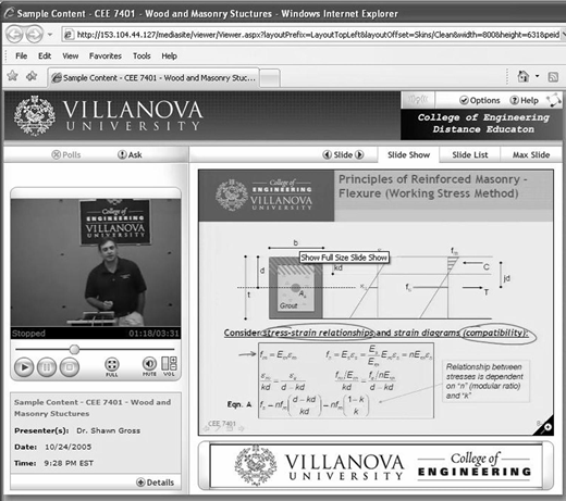 An interface screenshot showing a Villanova University online course with a video lecture on the left and engineering slide content with diagrams and formulas on the right.