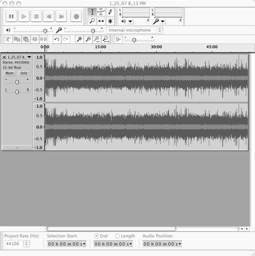 Screenshot of an audio editing interface displaying two waveform tracks with timeline markers and control panels above and beside the tracks.