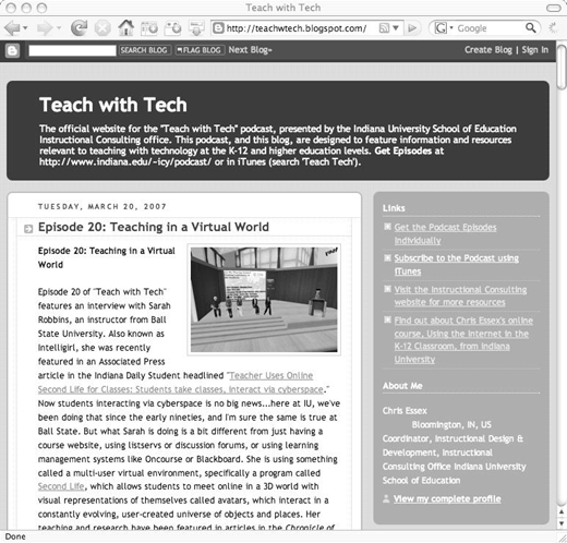 Screenshot of a Teach with Tech blog page showing a podcast episode post with a small classroom image and a sidebar containing links and blog information.