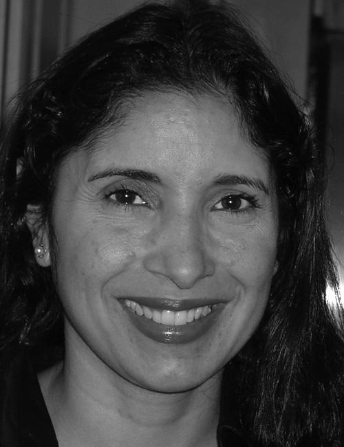 Black and white contact card with headshot of Natalie B. Milman. Text lists her as Assistant Professor at George Washington University, with DC address, phone and email.