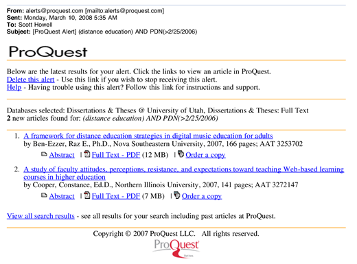 Screenshot of ProQuest email alert to Howell listing two new dissertations on distance education, with titles, authors, universities, publication years, and links to abstracts and full-text PDFs.