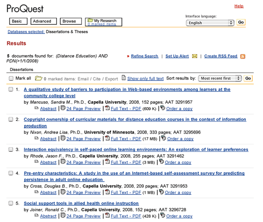 Screenshot of ProQuest search results for distance education dissertations, showing five titles with authors, universities, years, page counts, and links to abstracts and full texts.