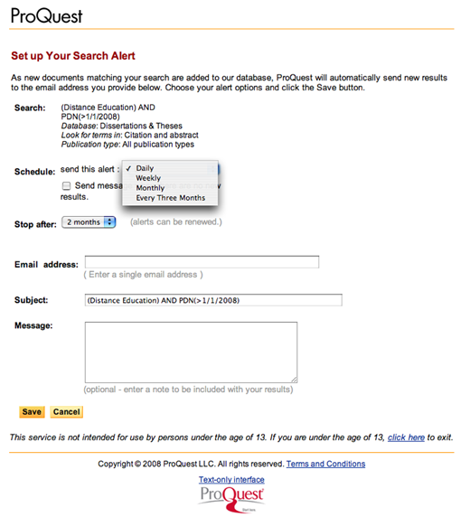 Screenshot of ProQuest form to set up email alerts for new search results on distance education, with options for frequency, duration, email input, and a submit button.
