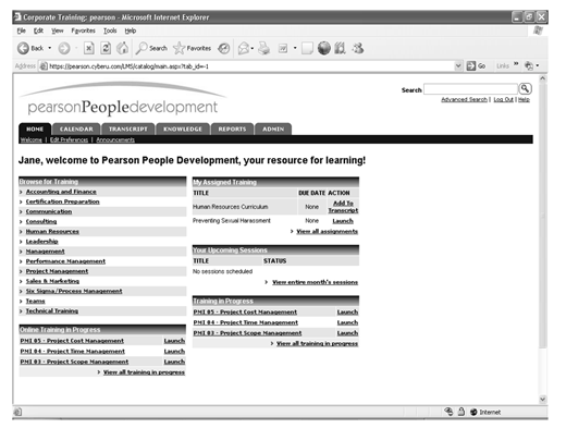 Screenshot of Pearson People Development portal in Internet Explorer, showing assigned training, progress, and categories like HR, leadership, and project management for employee learning.