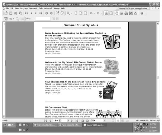 Screenshot of a PDF titled Summer Cruise Syllabus in Foxit Reader, listing 10-session student programs on motivation, server use, home access, and courseware, with June session dates.