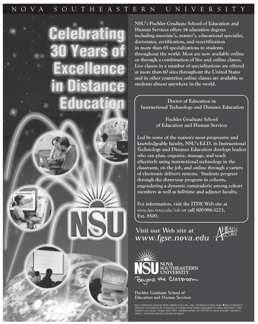 Promotional poster for Nova Southeastern University’s Fischler School, celebrating 30 years in distance education and highlighting its Ed.D. program in instructional technology and online learning.
