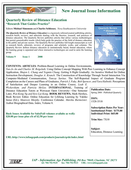 Flyer for Volume 9, Issue 4 of the Quarterly Review of Distance Education, listing editors, featured articles, pricing, and subscription details for educators and researchers.