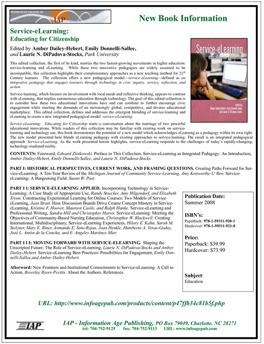 Flyer for the book Service eLearning: Educating for Citizenship, detailing editors, content summary, table of contents, pricing, ISBNs, and publisher contact from Information Age Publishing.