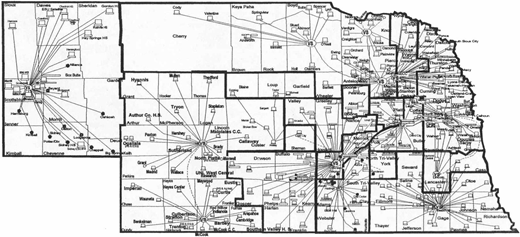 Map of Nebraska showing all counties with names and interconnecting lines, denser in the east and sparser in the west, illustrating regional divisions and connectivity across the state.