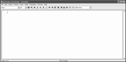 Screenshot of SoftChalk LessonBuilder software with blank document open; shows menu bar, formatting toolbar, and white editing space for creating educational content.