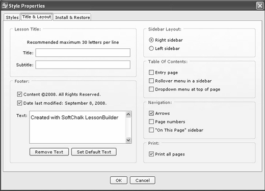 Dialog box from SoftChalk LessonBuilder showing title, footer, sidebar, navigation, and print settings for customizing lesson layout; includes tabs, text fields, checkboxes, and radio buttons.