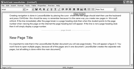 Screenshot of SoftLink LessonBuilder showing toolbar and plain text instructions on using page breaks and headings to create web pages; document explains layout behavior during lesson publishing.