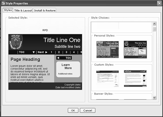 Style Properties window with preview of selected webpage style and thumbnails of style templates; tabs include Styles, Title & Layout, and Install & Restore for customizing lesson appearance.