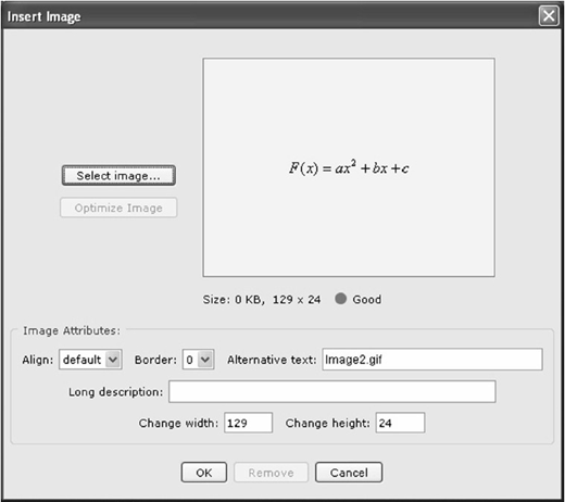 Insert Image dialog box with math equation preview and image attribute settings.