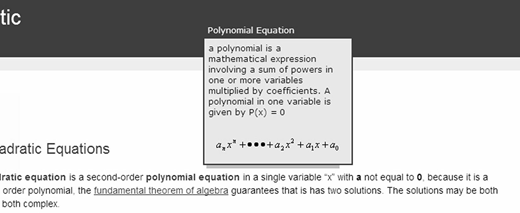 Educational excerpt defining polynomial and quadratic equations, showing general polynomial form and explaining that quadratic equations have two solutions, which may be complex.