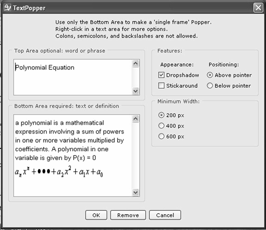 Dialog box with settings for a TextPopper, including text fields for content, appearance options, and width settings.