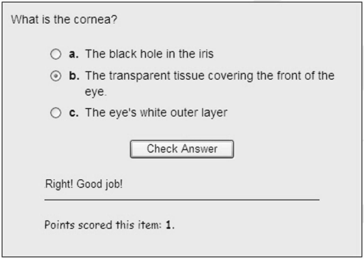 A quiz asks about the cornea with three options. Option b, The transparent tissue covering the front of the eye, is selected. It confirms a correct answer with the message Right, Good job.