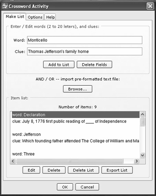 A crossword activity interface displaying word and clue entry fields, and a list of entries.