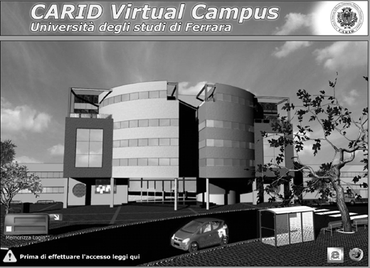 Login interface for CARID Virtual Campus at Università degli studi di Ferrara, showing modern building, parked car, trees, and Italian text prompting users to read before accessing the portal.