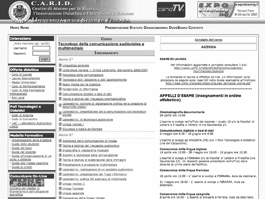 Webpage screenshot from University of Ferrara’s CARID site showing course info, navigation menu, and exam schedule for Tecnologie della comunicazione audiovisiva e multimediale.