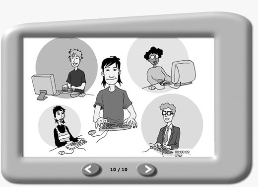 Slide shows five cartoon people using computers, with one in the center. It looks like online teamwork.