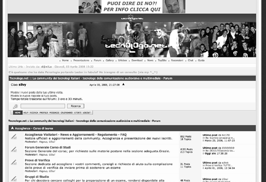 Screenshot of forum page with banner, navigation menu, and user post from Sicily introducing herself. Forum categories cover tech, science, and audiovisual communication topics.