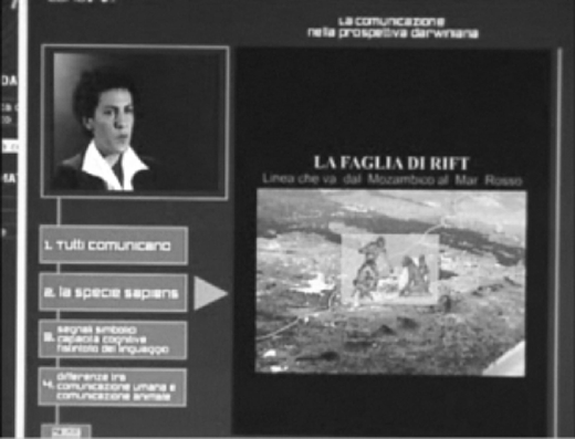 Slide in Italian showing a photo of a person, a title about the Rift Fault, and bullet points on human and animal communication from a Darwinian perspective.