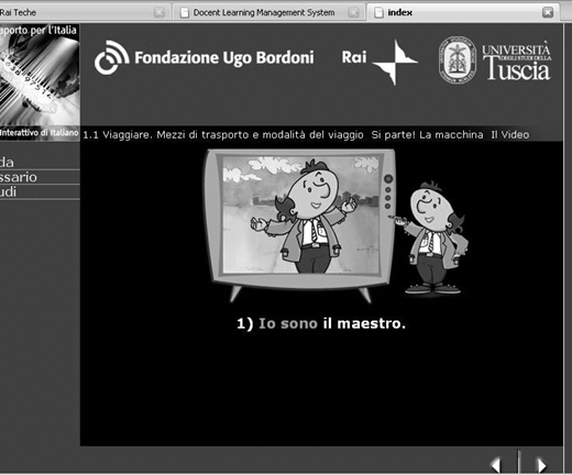 Screenshot of Italian educational software showing cartoon tutor on TV screen saying Io sono il maestro, with logos from Fondazione Ugo Bordoni, Rai, and Università degli Studi della Tuscia.