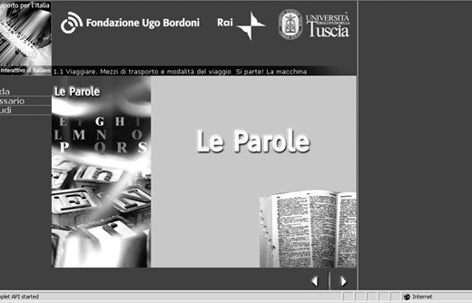 Educational interface titled Le Parole with logos from Fondazione Ugo Bordoni, Rai, and Università della Tuscia, showing vocabulary lesson on travel and transport with book and alphabet graphics.