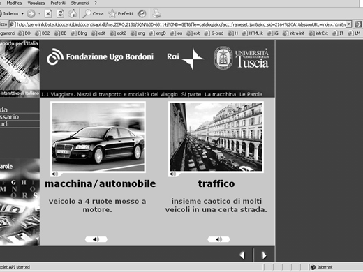 Italian educational slide showing images and definitions for macchina or automobile and traffico, with logos from Fondazione Ugo Bordoni, Rai, and Università della Tuscia.