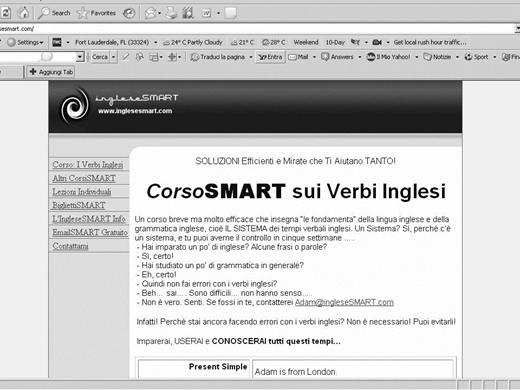 Screenshot of promoting a brief, effective Italian-language course on English verbs using a patented learning system, with sample phrases and contact info.