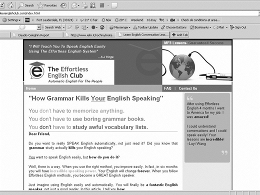 Screenshot of Effortless English Club webpage promoting A.J. Hoge’s system to speak English easily without grammar study, featuring bold claims, testimonials, and MP3 lesson info.
