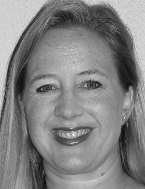 Black and white photo of a smiling woman above printed contact information for a staff member at Buffalo Creek Middle School in Palmetto, Florida, including phone and email details.