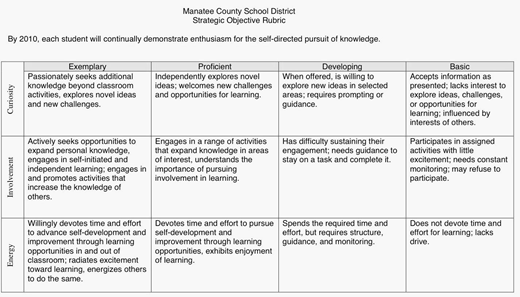 Manatee County School District Strategic Objective Rubric showing four performance levels as Exemplary, Proficient, Developing, Basic–across categories: Curiosity, Involvement, and Energy.