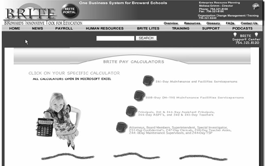 Screenshot of the BRITE Pay Calculator website for Broward County Schools, showing links to various pay scales.