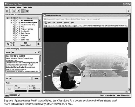 Screenshot of ClassLive Pro, showing application sharing with a PowerPoint presentation, a participant list, and a chat log.