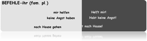 Screenshot of a German language learning tool showing phrases and their command forms, using a color-blending feature.