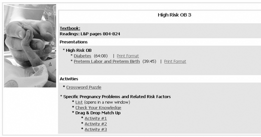 Screen shows an online module, High Risk OB 3, listing readings, presentations (Diabetes, Preterm Labor), and various course activities.