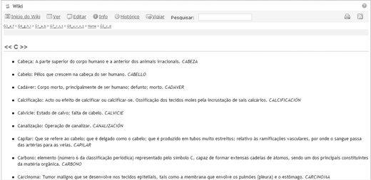 A screenshot of a wiki page in Spanish showing a list of terms beginning with “Cal” and their definitions, displayed in a text-based interface with menu options and a search bar at the top.