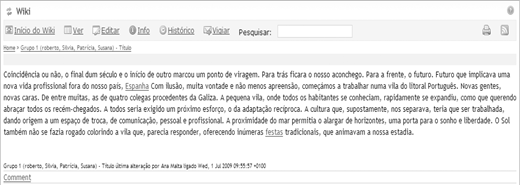 A screenshot of a wiki page showing a long paragraph in Portuguese about faith, hope, and spiritual themes, displayed in a text interface with navigation links and a search bar at the top.