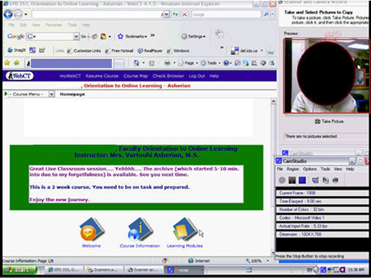 A screenshot of an online learning interface showing a course homepage with navigation tabs, a green announcement box, three icon buttons for course sections, and a webcam window on the right with a blacked-out face.