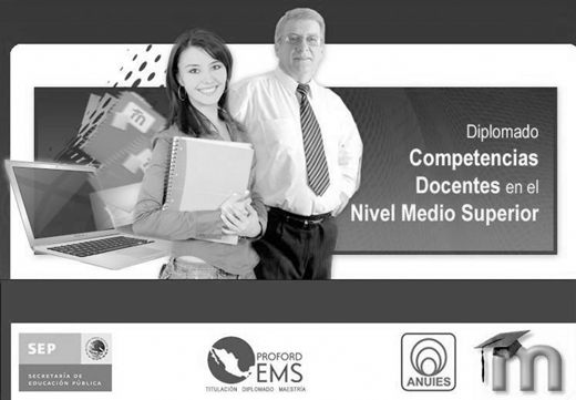 A promotional graphic showing two adults standing before a banner with the text Diplomado Competencias Docentes en el Nivel Medio Superior, alongside a laptop, books, and several institutional logos at the bottom.