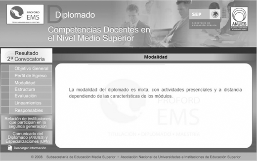 A webpage layout for a diplomado on competencias docentes en el nivel medio superior, showing a top banner with logos, a left sidebar menu of sections, and a main panel displaying text about the program’s modalidad.