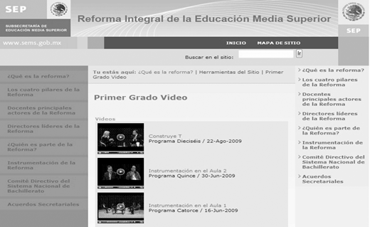 A webpage for Reforma Integral de la Educación Media Superior showing a header with logos, a left sidebar menu, and a main section listing Primer Grado video thumbnails with titles and dates.